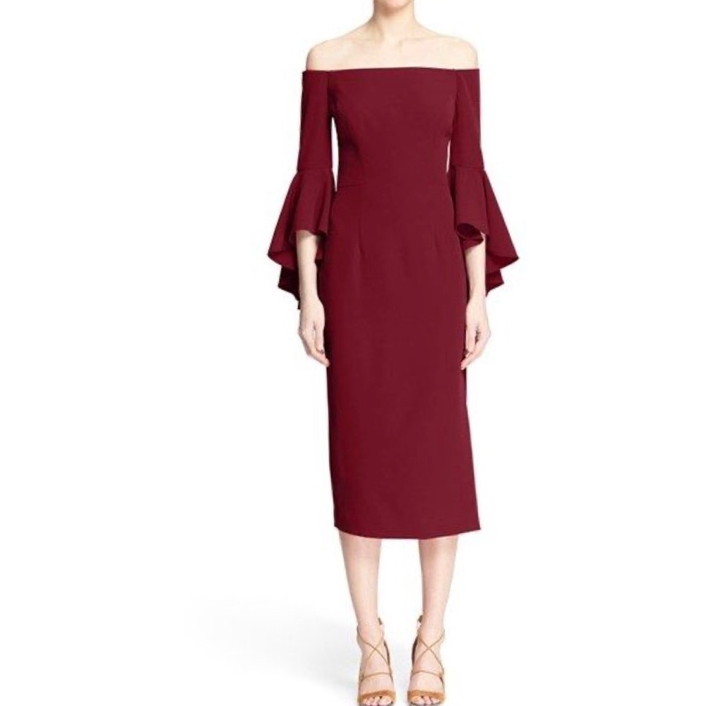NWOT Milly Italian Cady Selena Off The Shoulder Bell Sleeve Midi Cocktail Dress